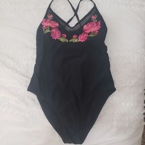 Rose embroidered black one piece